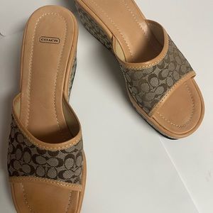 Worn once pair of COACH Logo Wedges size 11 in khaki/natural color